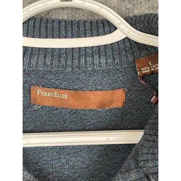 Perry Ellis Sweater Men's Large Blue Gray Pullover Quarter Zip - Picture 2 of 6